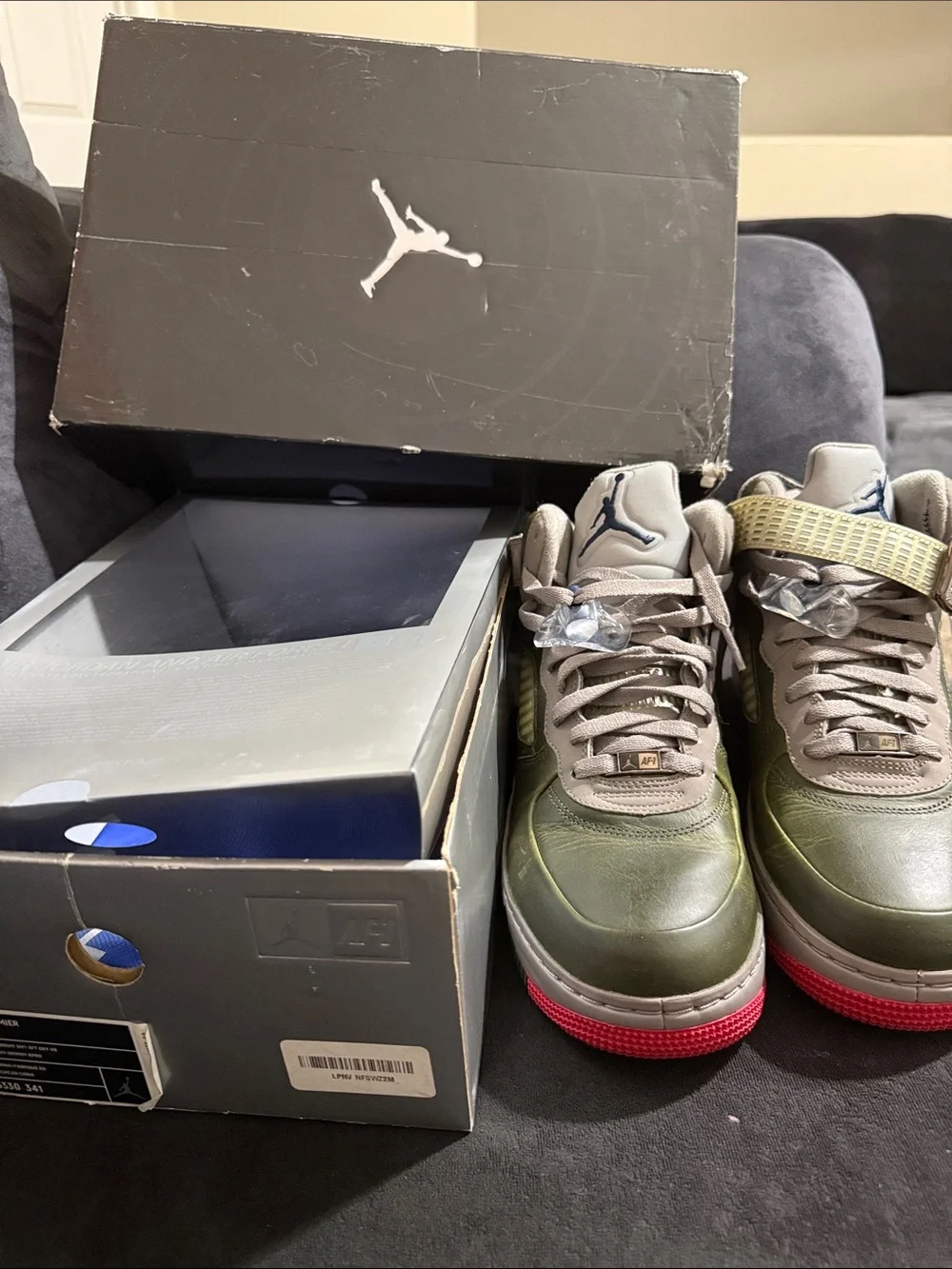 Jordan Olive Green and Beige High-Top Sneakers with Red Outsoles